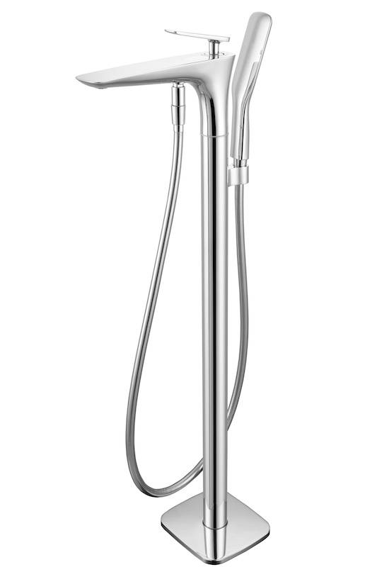 Freestanding Tub Faucet | Sleek Curved Chrome Freestanding Bathtub Faucet with Hand Shower | EVANKA