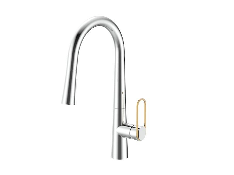 Pull Out Kitchen Faucet, Chrome & Gold Accent Brass Faucet | EVANKA